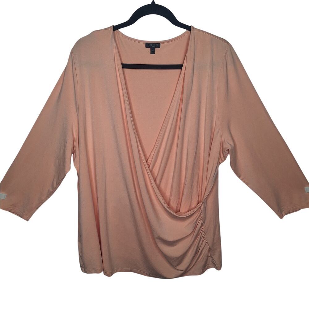 Talbots Woman Faux Wrap Top 3X Stretch Jersey 3/4 Sleeve Peach Ruched V-Neck